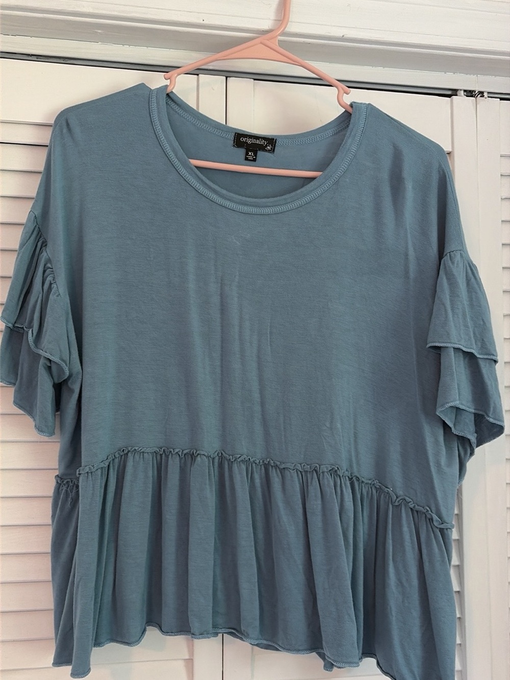 Originality Layered Ruffle Peplum Tunic in Dusty Blue - Women's